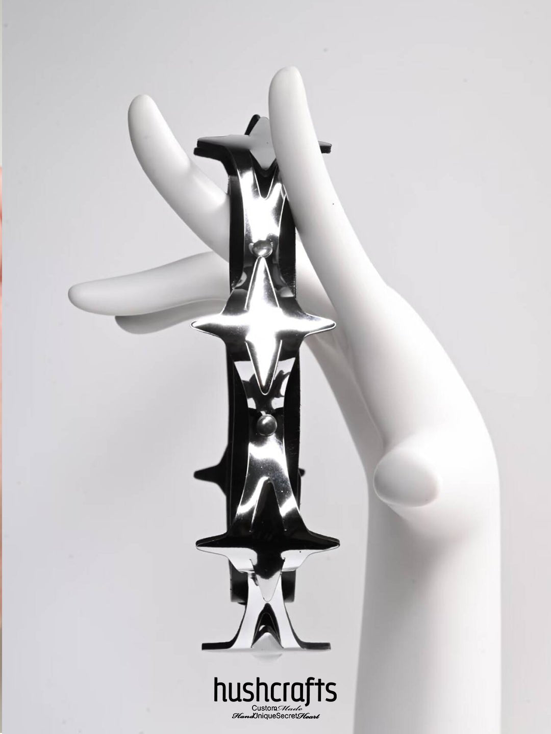 Black & Silver Leather Day Collar with Sculptural Star Spikes - hushcrafts