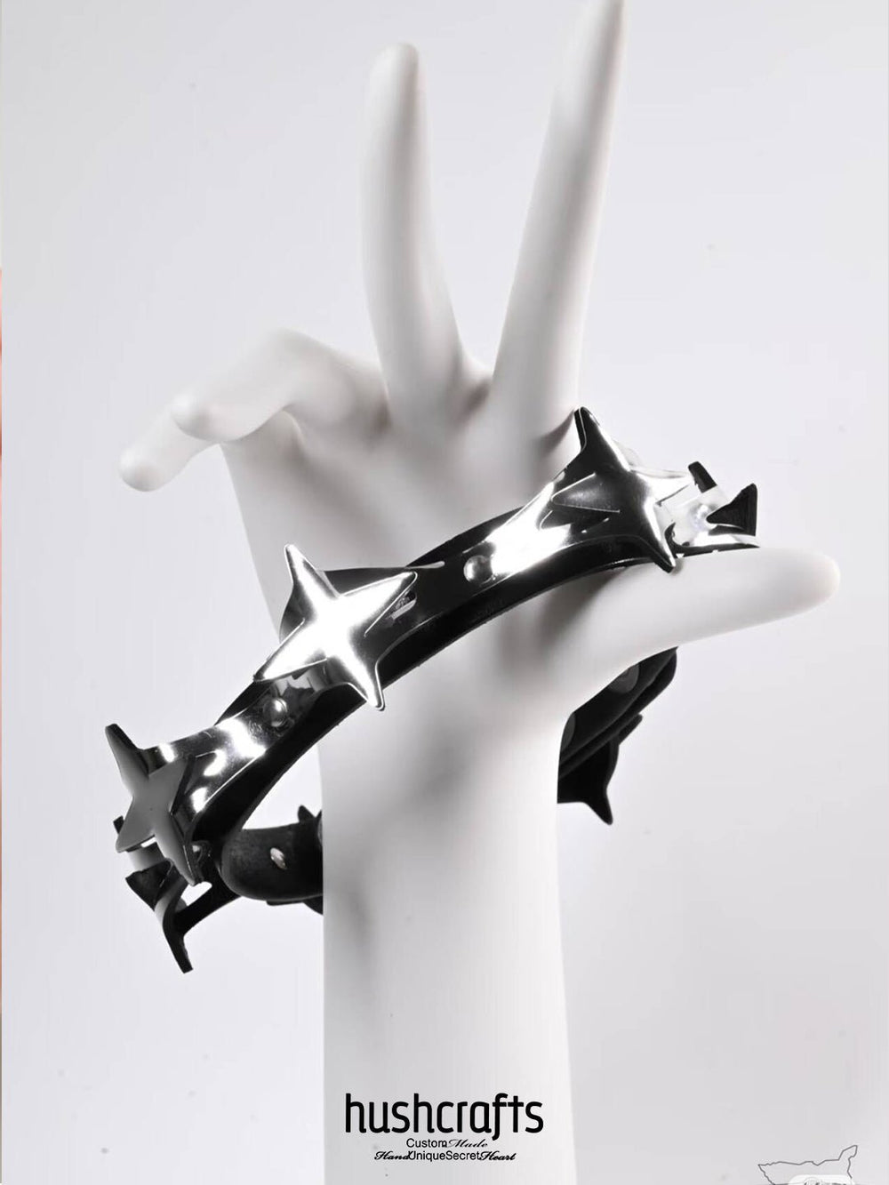 Black & Silver Leather Day Collar with Sculptural Star Spikes - hushcrafts