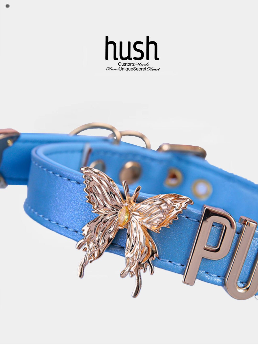 Butterfly choker collar for women with leather and custom words - Available with different types of charms and colors - Hush