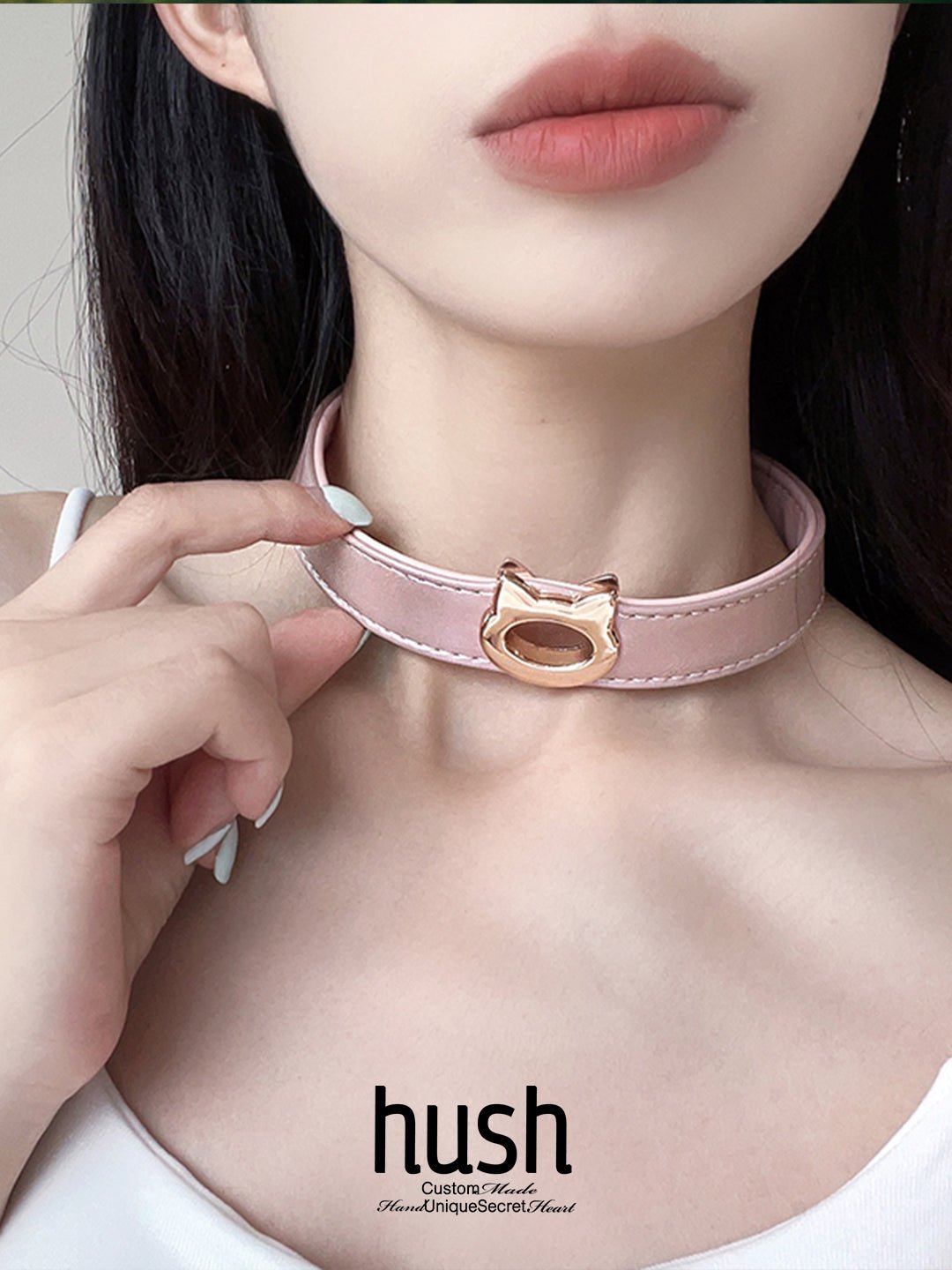 Cat cat choker vegan leather - choker collar vegan leather catcat choker with gold cat ring with cat ears - Hush