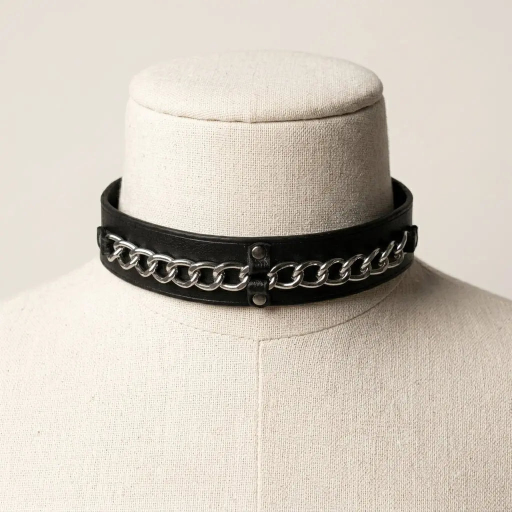 Chainline – Wide Leather Choker with Embedded Silver Chain | Hushcrafts® - Hushcrafts LLC