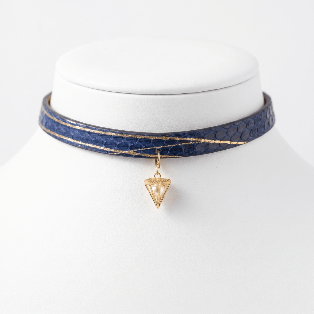 Cosmos Choker – Gold-Dusted Snakeskin Leather Choker with Ring & Chain Drop | Hushcrafts® - Hushcrafts LLC