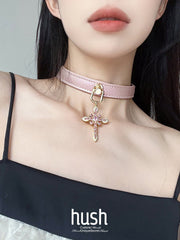 Cross choker collar for women with vegan leather and alloy buckle parts - Available with different types of charms and colors - Hush