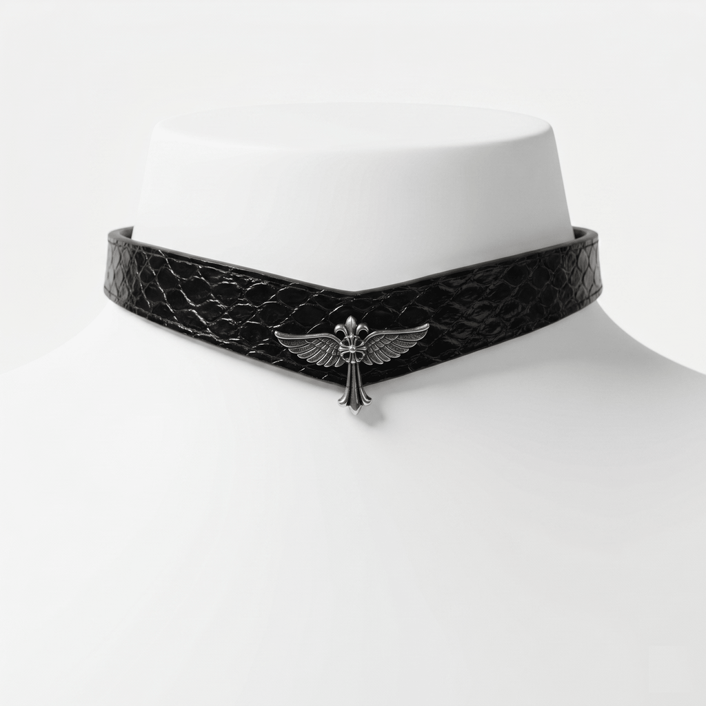 Descent Choker – Black Python Leather Choker with Winged Cross Pendant | Hushcrafts® - Hushcrafts LLC