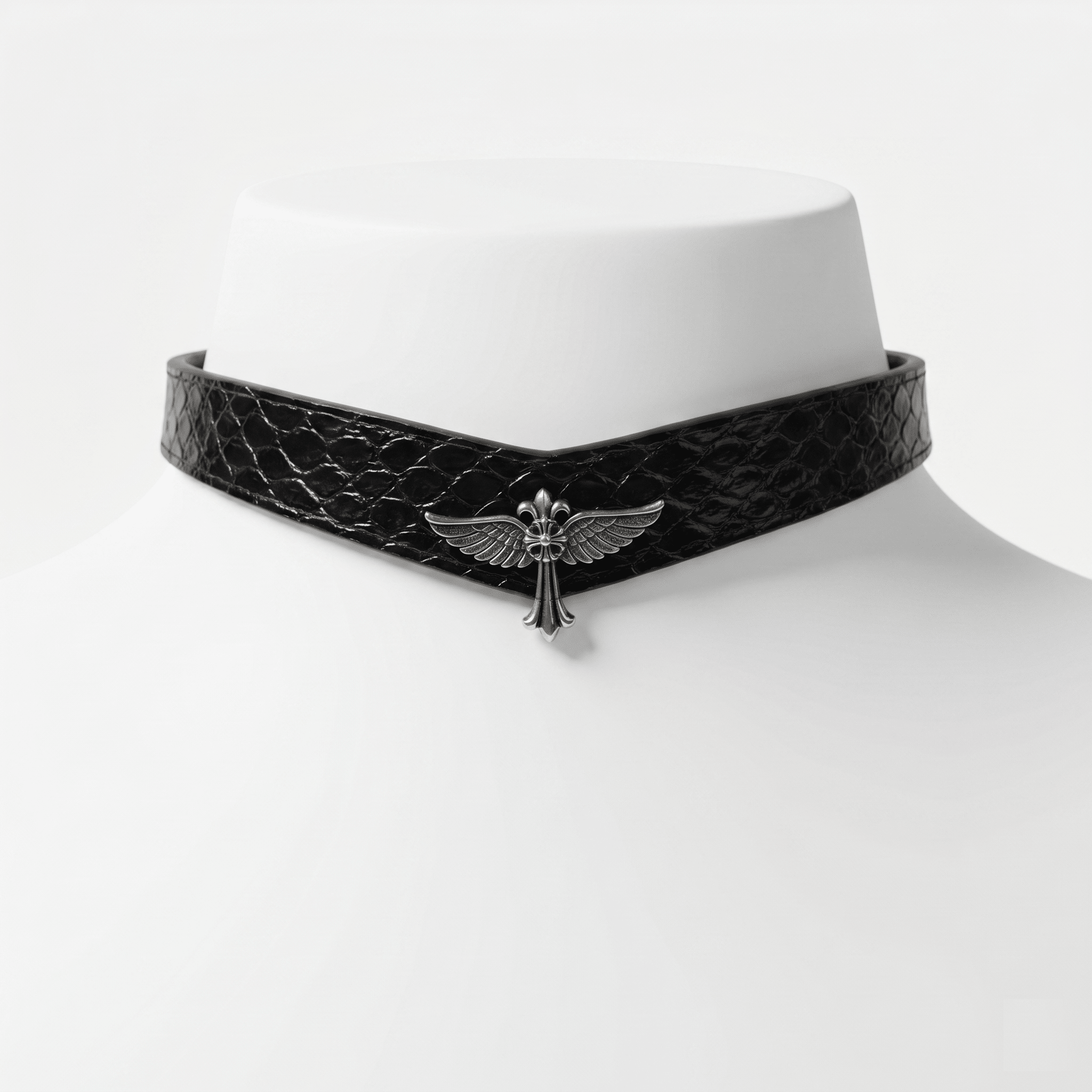 Descent Choker – Black Python Leather Choker with Winged Cross Pendant | Hushcrafts® - Hushcrafts LLC