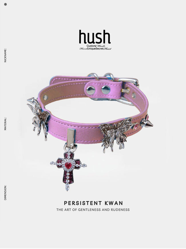Gem Cross & Butterfly Leather Choker - Hush Hover Image