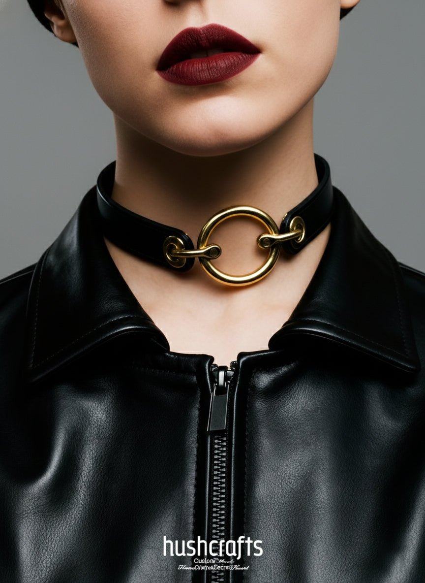 "Gilded Ring" Leather Choker Collar - Hushcrafts LLC