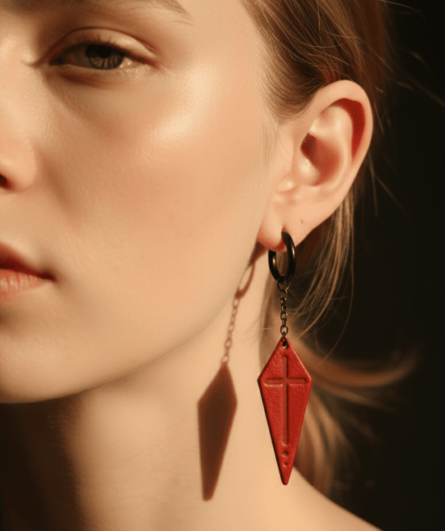 Gothic Noir Black Leather Drop Earrings - Hushcrafts LLC Hover Image