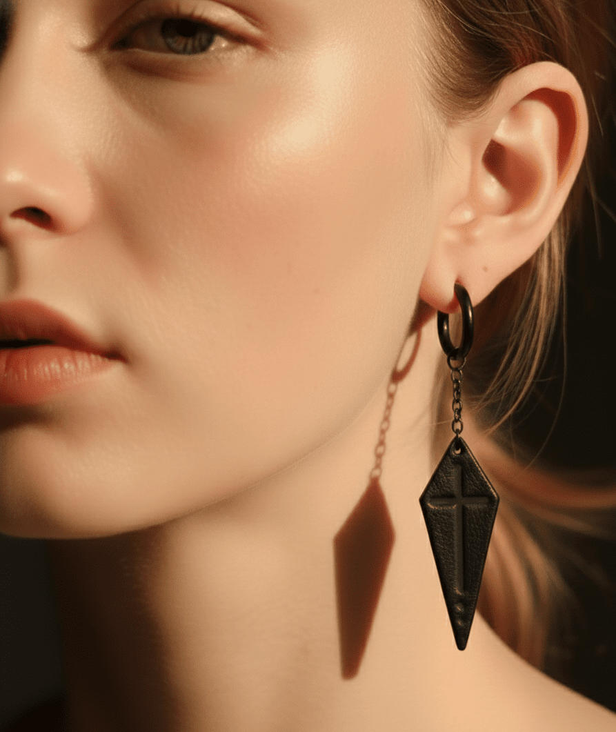 Gothic Noir Black Leather Drop Earrings - Hushcrafts LLC