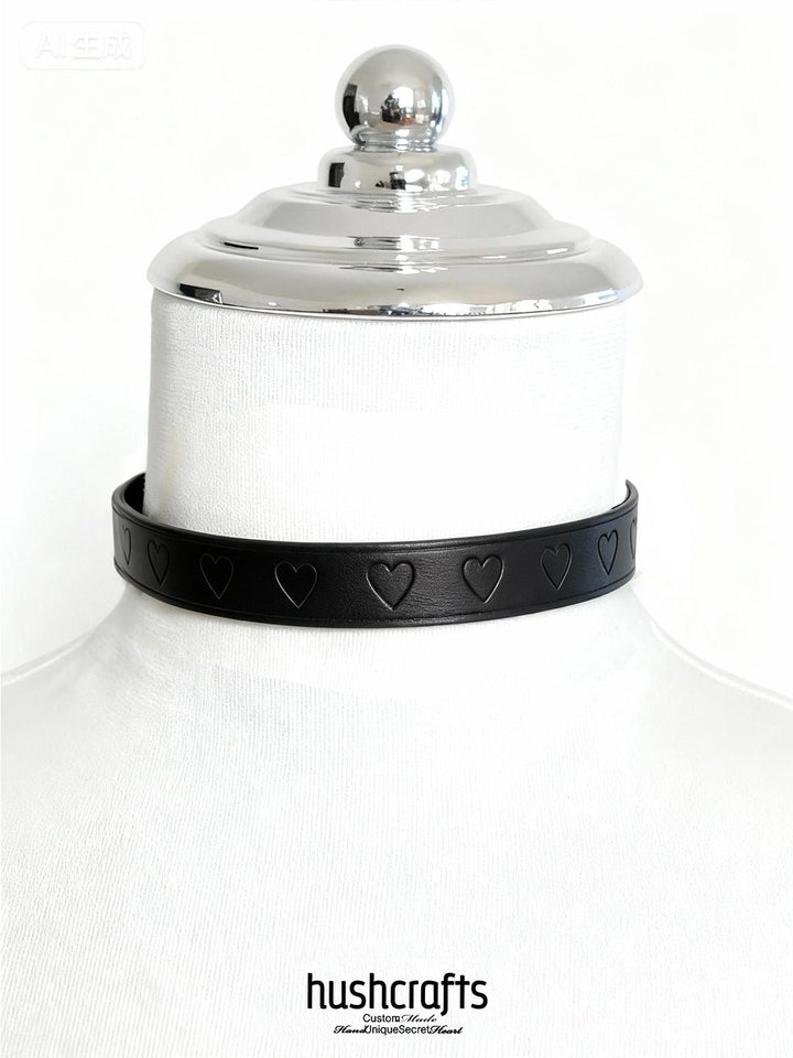"Heartline Elegance" Black & White Leather Choker with Heart Design - hushcrafts