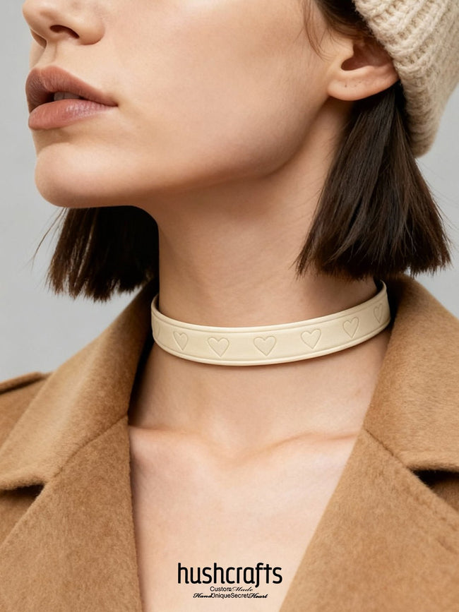 "Heartline Elegance" Black & White Leather Choker with Heart Design - hushcrafts Hover Image