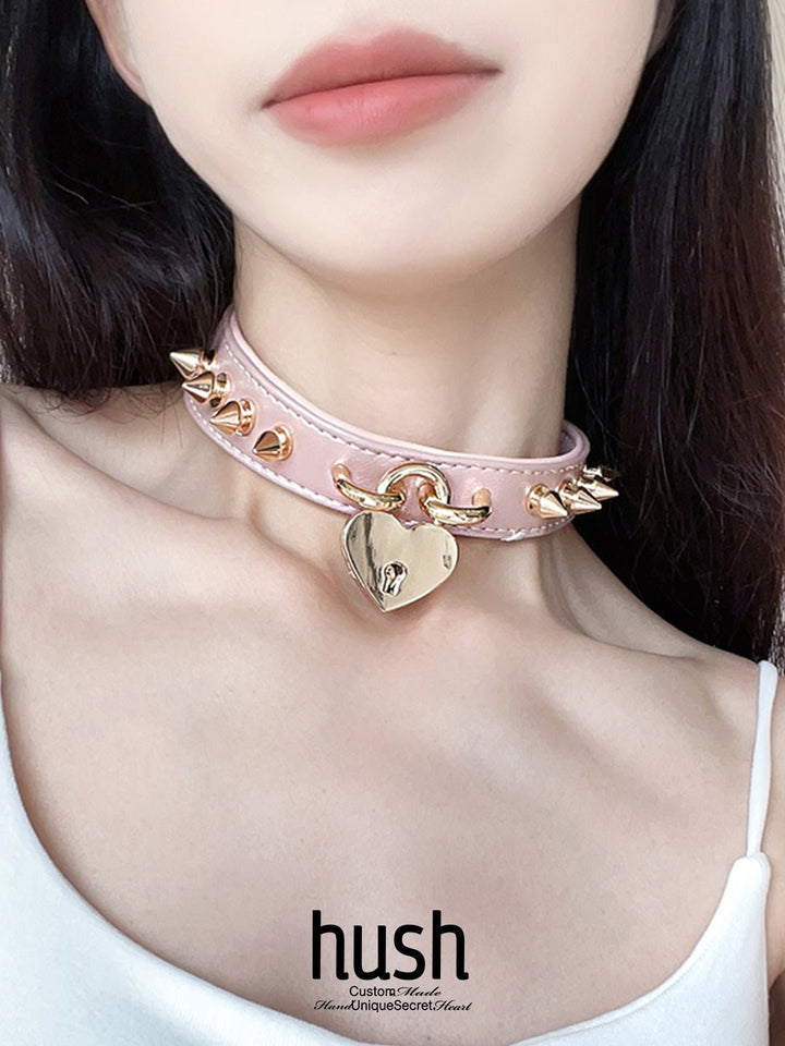 "HeartLock" Custom Size Women Handcrafted Choker With Vegan Leather and Rivet - Hush