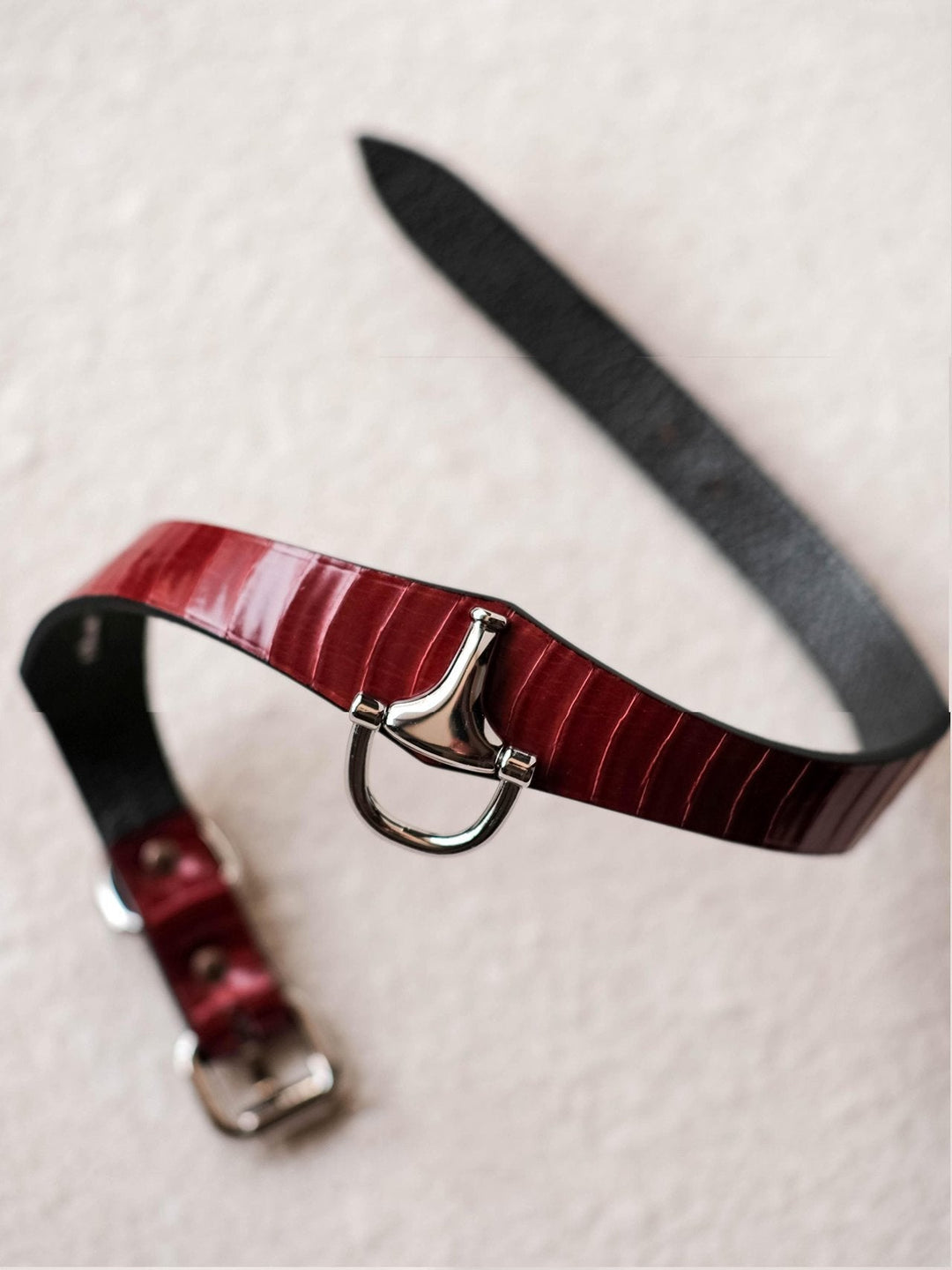 HushCrafts genuine leather collar in deep red with a secure O-ring design, crafted for elegance and alternative fashion.