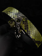 HushCrafts genuine snake leather collar with a secure locking mechanism and silver ring accents, designed for bold fashion and BDSM aesthetics.