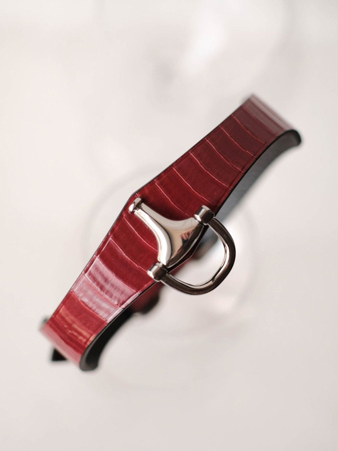 HushCrafts red genuine leather collar featuring a polished O-ring design, perfect for stylish and functional wear.