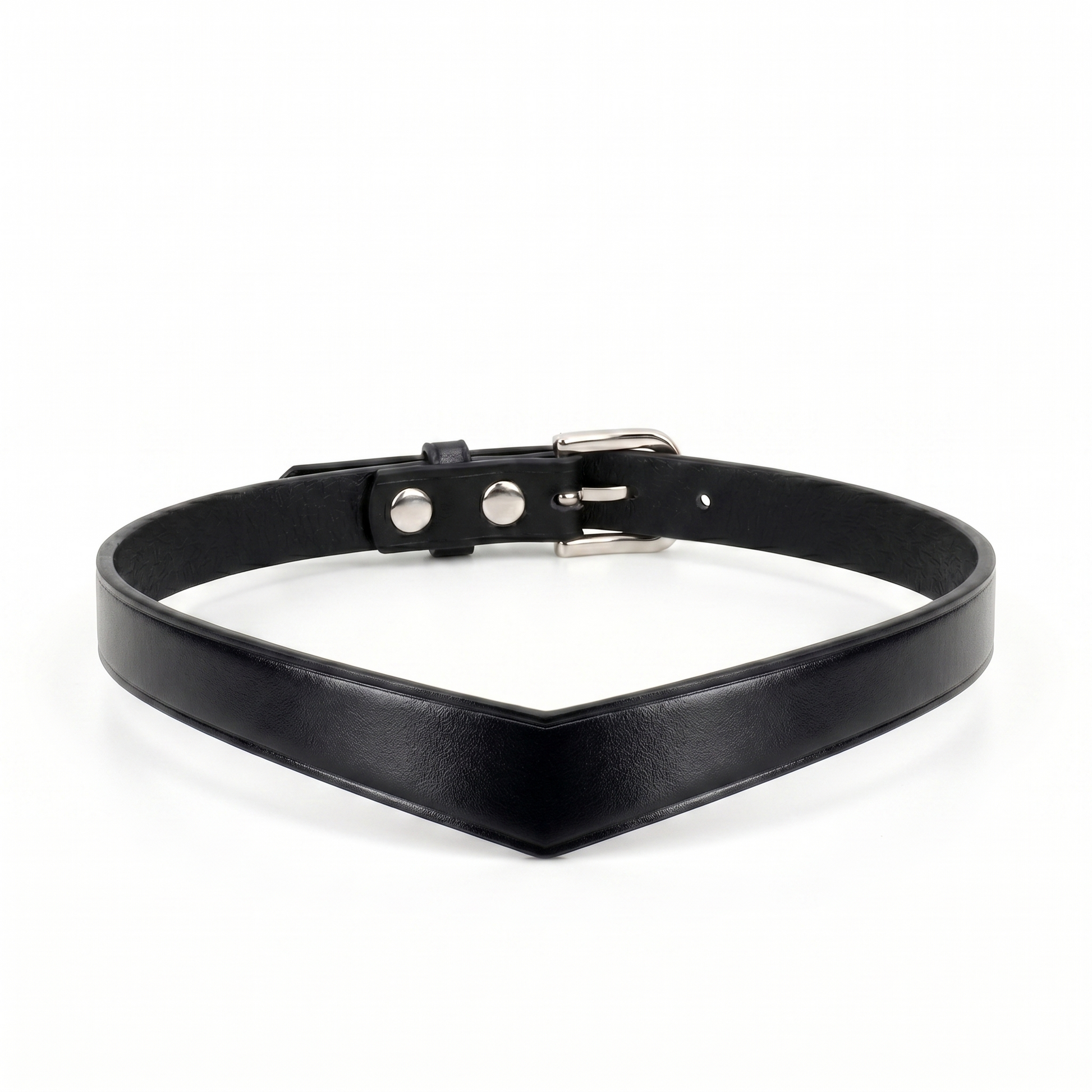 Black leather choker with metal clasp on a white background
