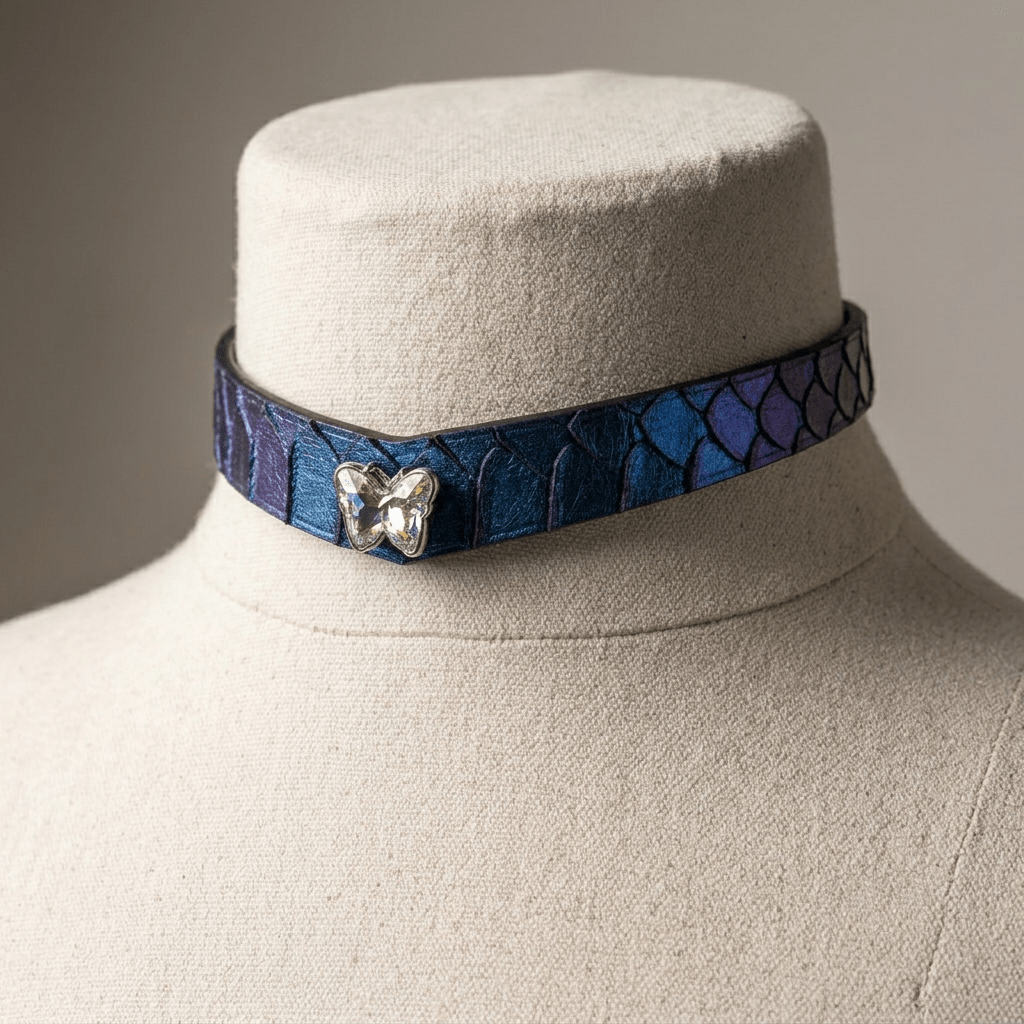 Iridescent Snakeskin Leather Choker – V-Shape, Blue-Green Color-Shift & Zinc Alloy Hardware | Hushcrafts® - Hushcrafts LLC