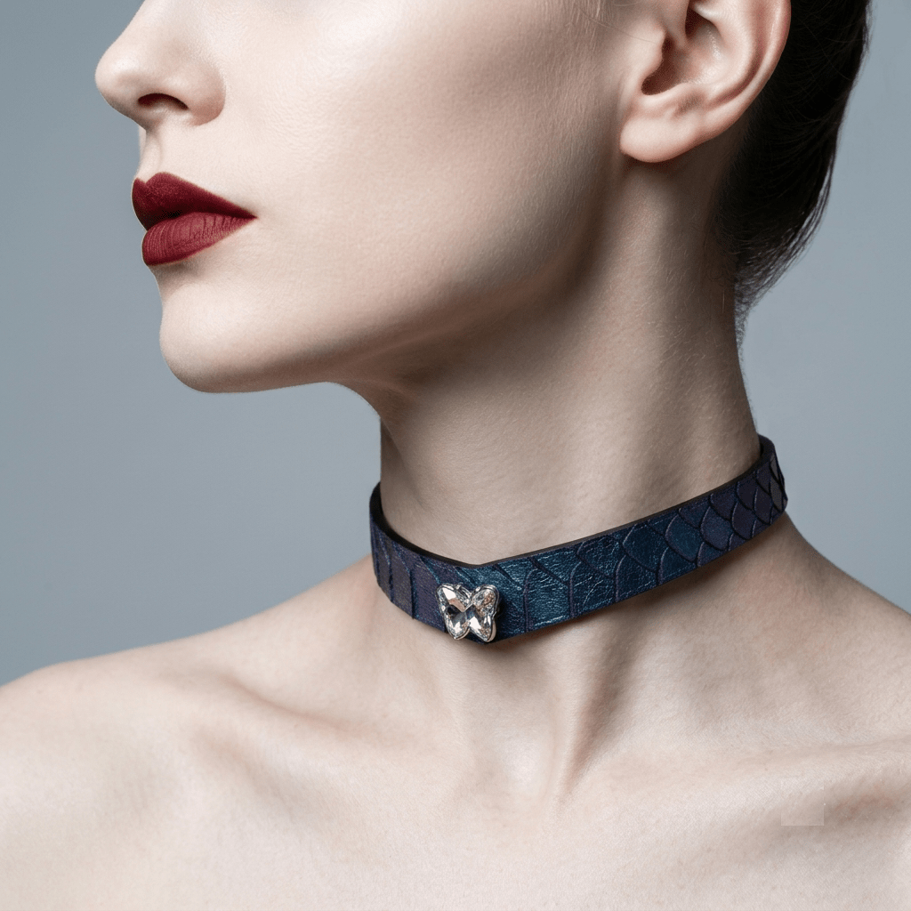 Iridescent Snakeskin Leather Choker – V-Shape, Blue-Green Color-Shift & Zinc Alloy Hardware | Hushcrafts® - Hushcrafts LLC