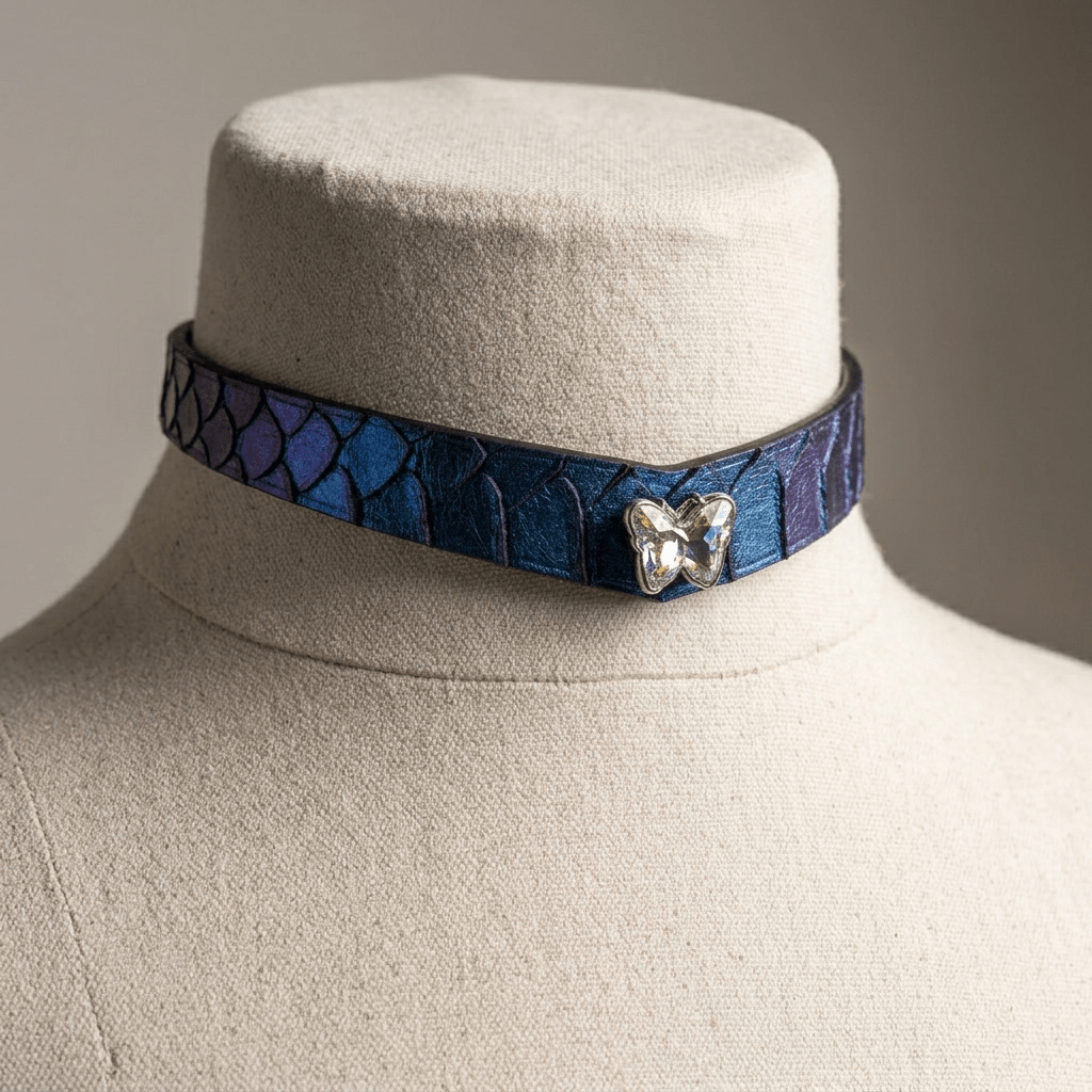 Iridescent Snakeskin Leather Choker – V-Shape, Blue-Green Color-Shift & Zinc Alloy Hardware | Hushcrafts® - Hushcrafts LLC