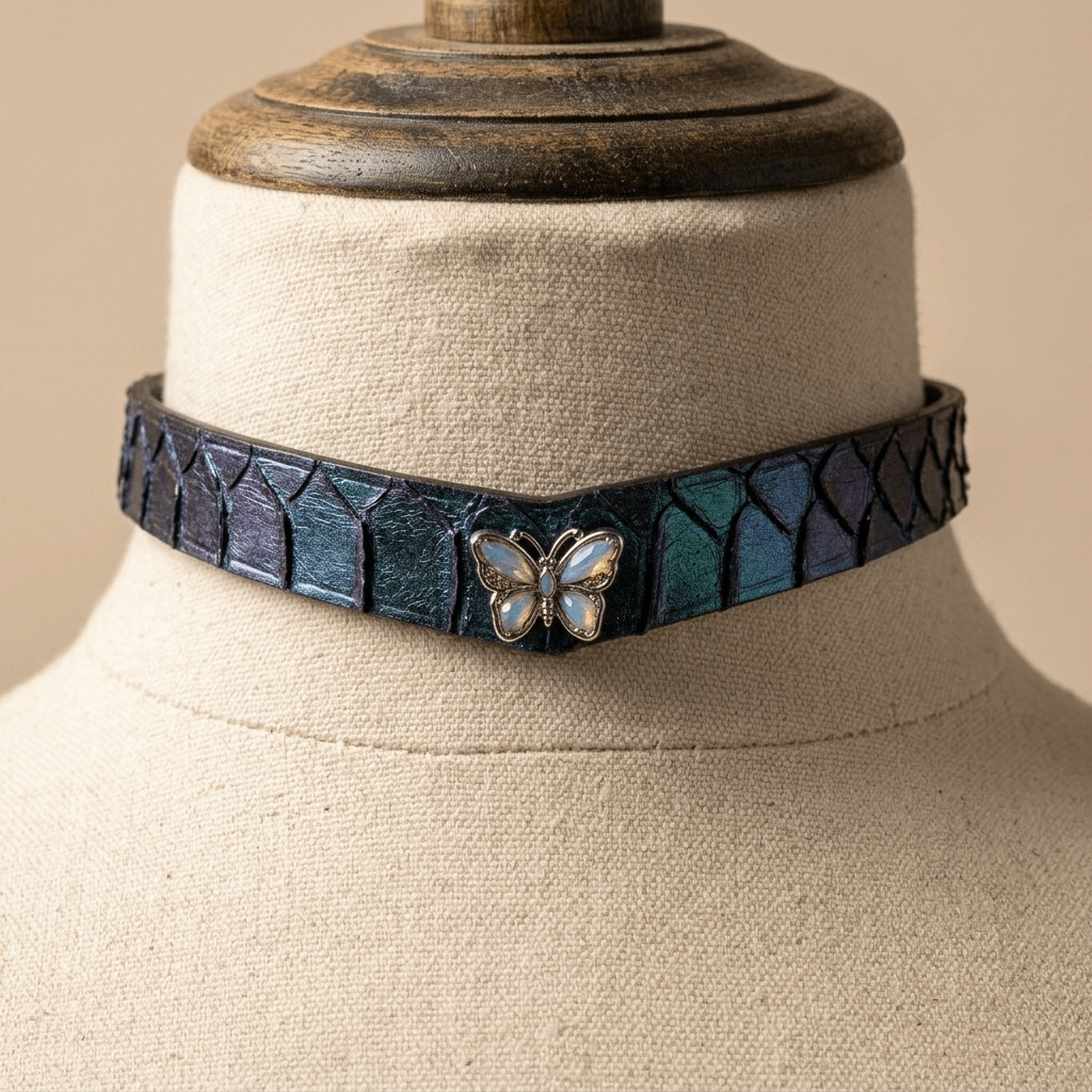 Iridescent Snakeskin Leather Choker – V-Shape, Blue-Green Color-Shift & Zinc Alloy Hardware | Hushcrafts® - Hushcrafts LLC