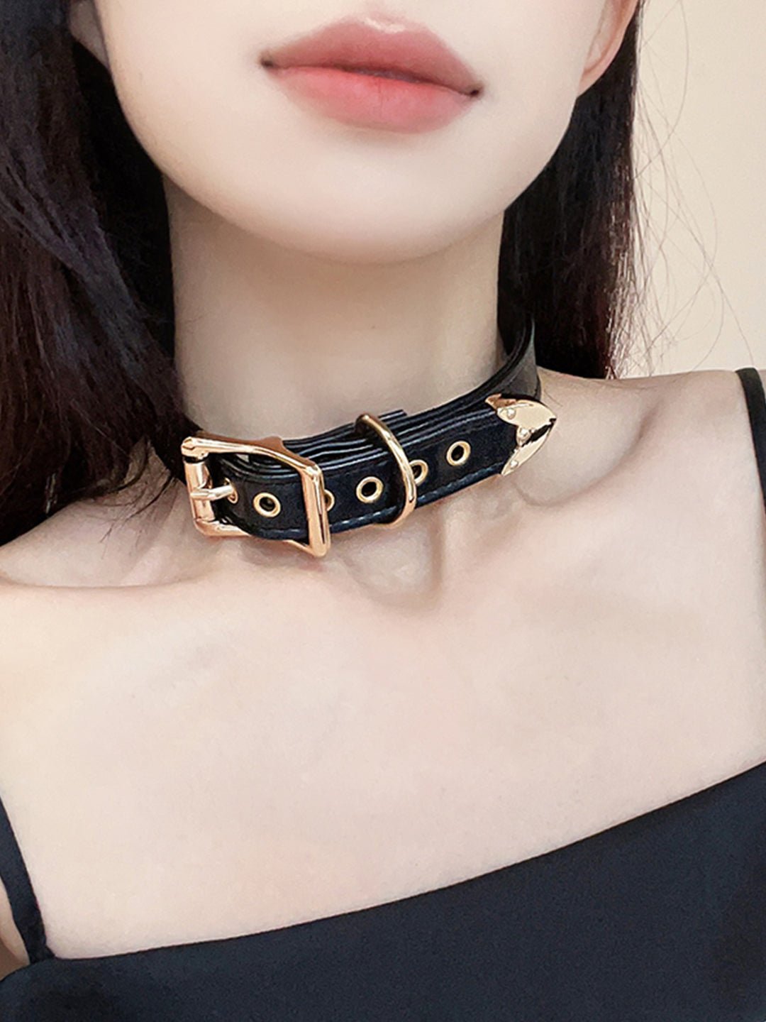 Leather choker collar with Metal Buckle, leather choker, collar with Metal Buckle, choker collar, collar with faux cowhide. - Hush