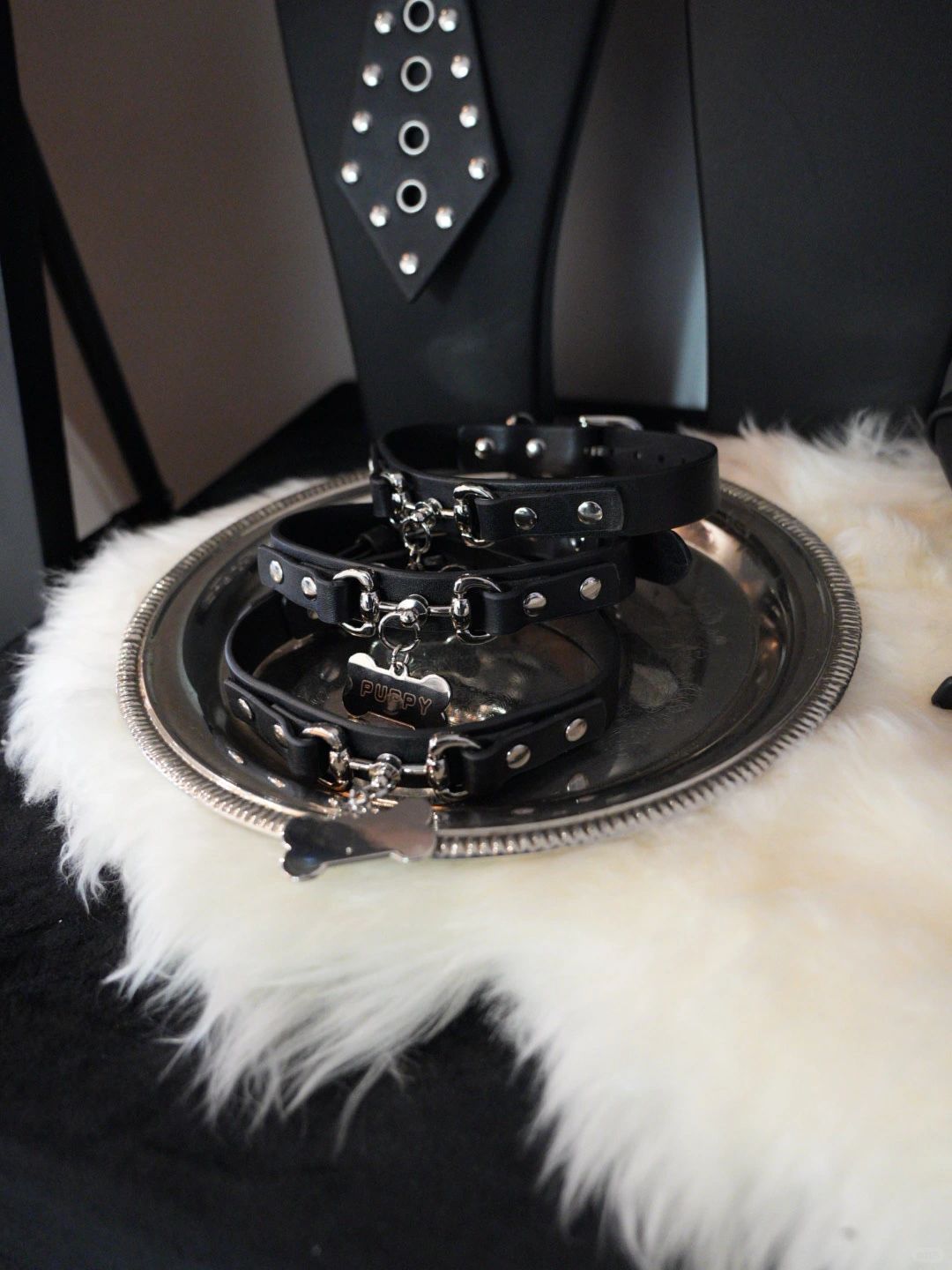 Leather Collar - "Bold Bone" Black & White - hushcrafts