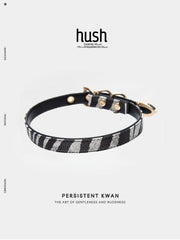 "Line" choker vegan leather - choker collar black/White stripe leather zebra strip choker with gold buckle - Hush