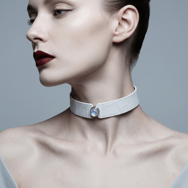 Lunar Gem Collar – Nile Crocodile Leather with Moonstone & 925 Sterling Silver Setting | Hushcrafts® - Hushcrafts LLC Hover Image