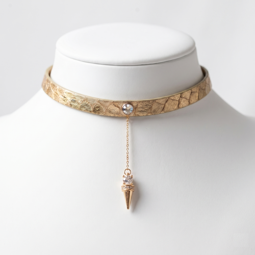 Nebula Choker – Champagne Gold Python Leather with Crystal Spike Pendant | Hushcrafts®