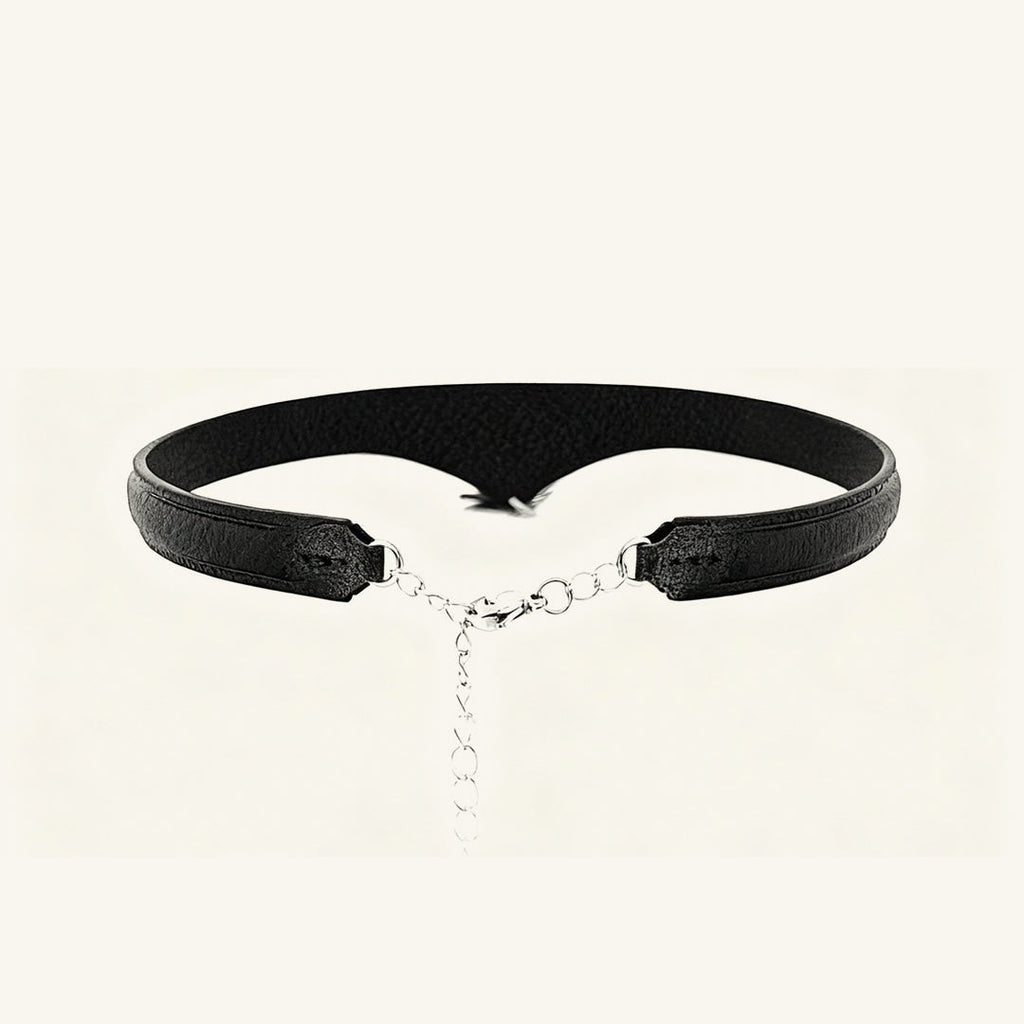 Obsidian Shard Leather Choker – Back Clasp & Adjustable Chain Detail | Hushcrafts®