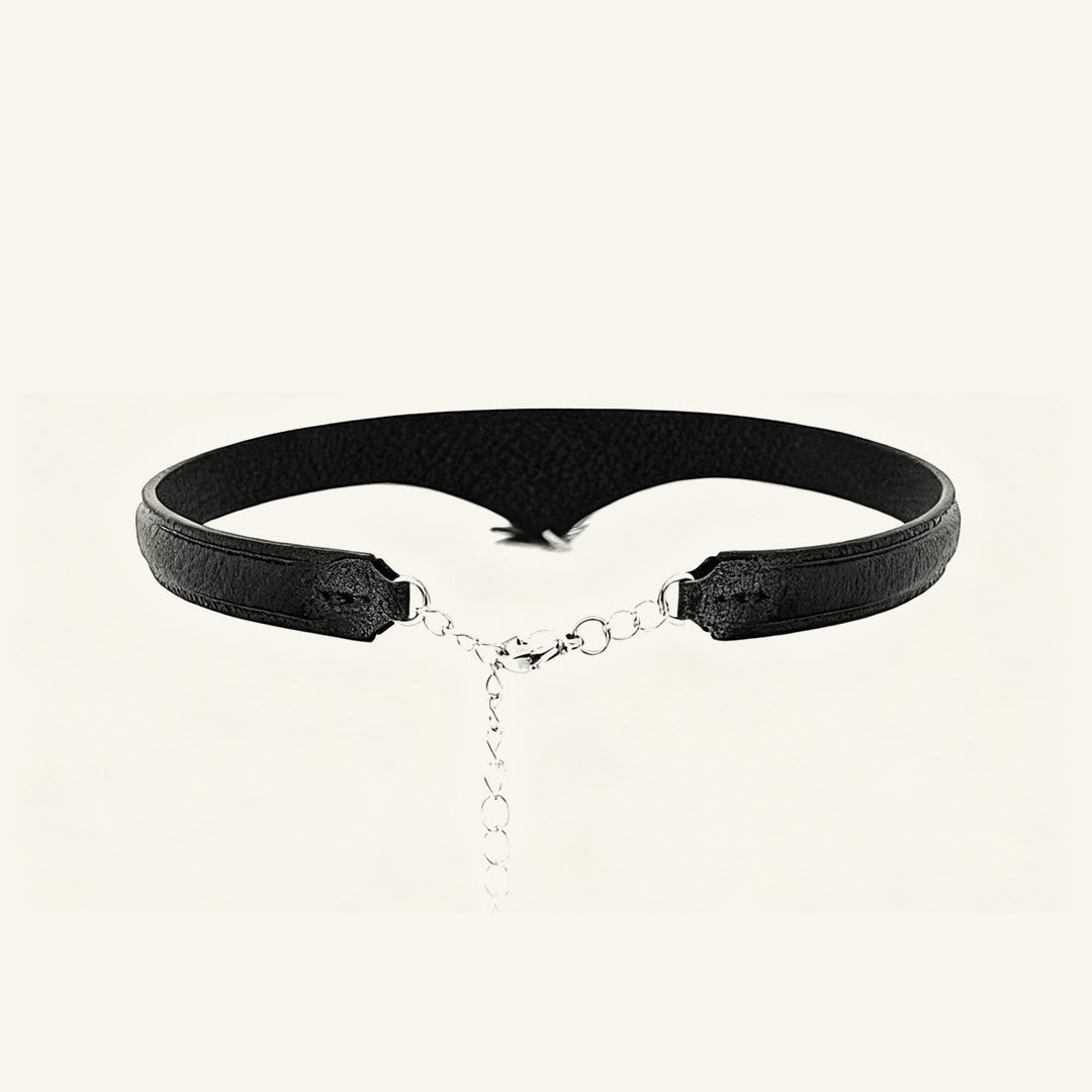 Obsidian Shard Leather Choker – Back Clasp & Adjustable Chain Detail | Hushcrafts®