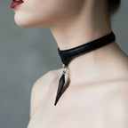 Obsidian Shard Leather Choker on Model – Side Profile View | Hushcrafts®