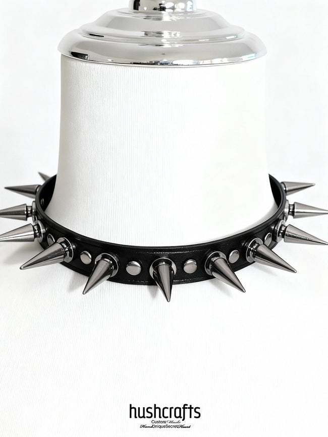 Obsidian Spikes Leather Choker - Hushcrafts LLC Hover Image