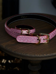 Pink leather collar featuring a locking collar design with a bold BDSM collar aesthetic. A stylish accessory by HushCrafts, perfect for alternative fashion lovers and BDSM enthusiasts.