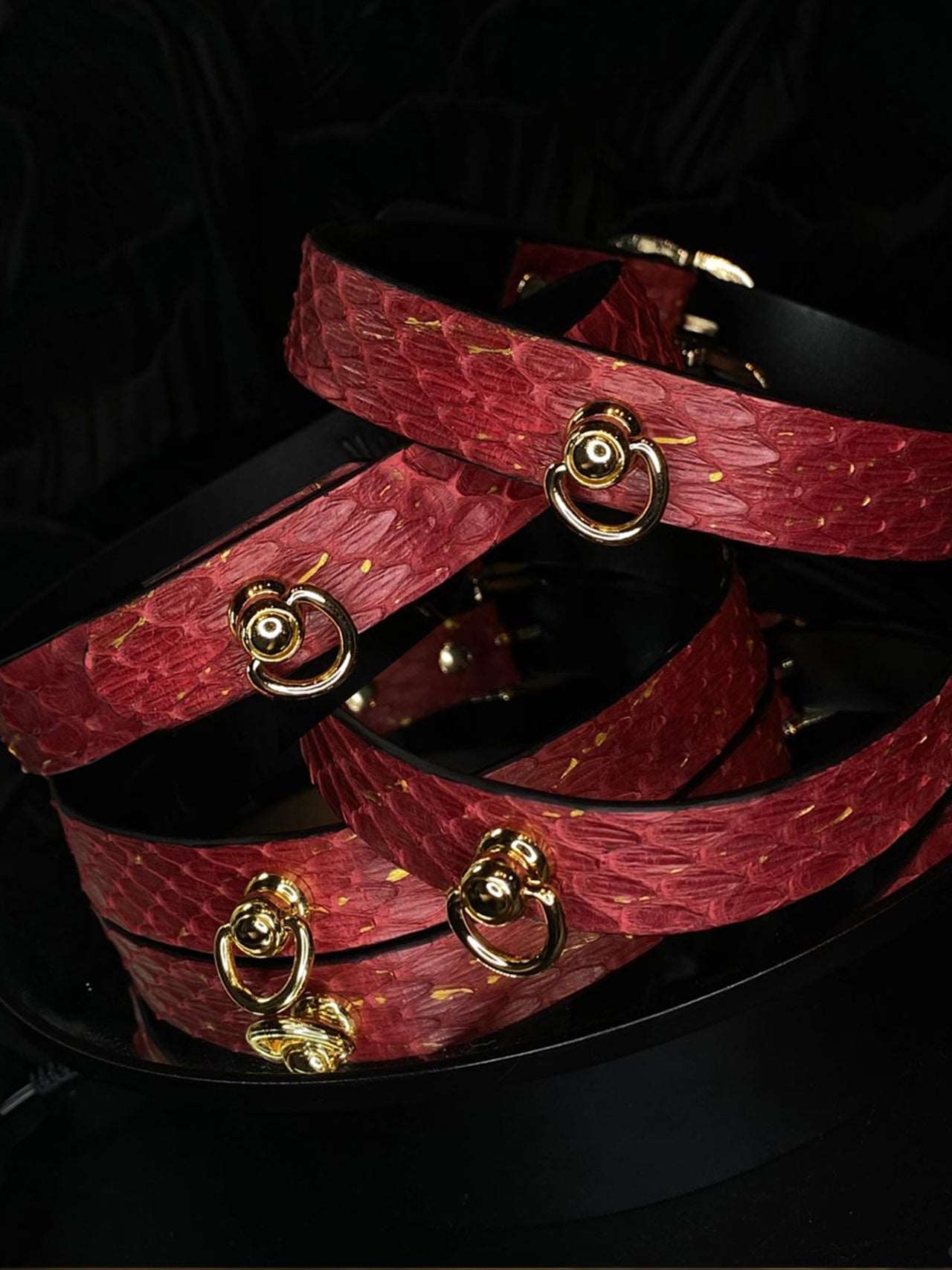 Handmade red snakeskin leather collar necklace for women, featuring gold hardware and a BDSM-inspired design. Unique handcrafted accessory perfect for adding a bold touch to your style.