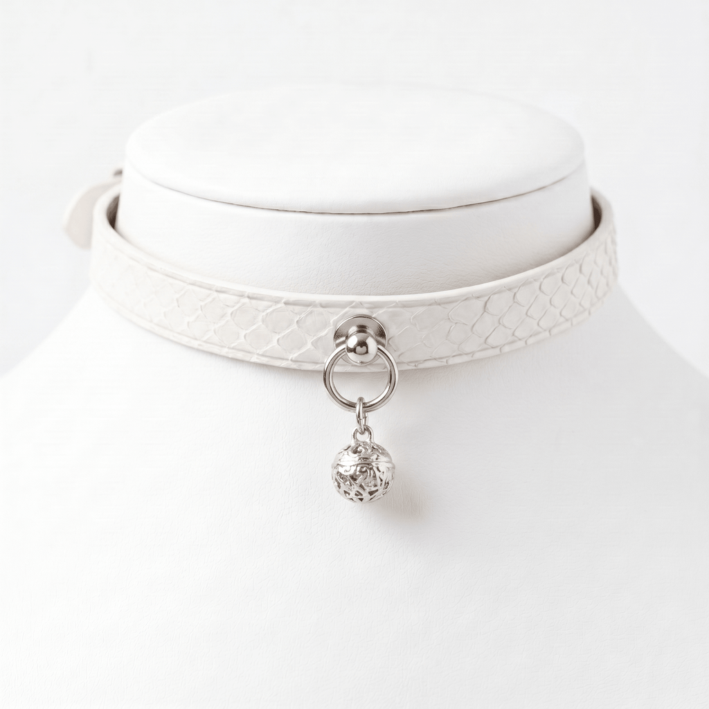 SerpentCraft Choker – White Snake Leather with Bell Charm & Zinc Alloy Hardware | Hushcrafts® - Hushcrafts LLC