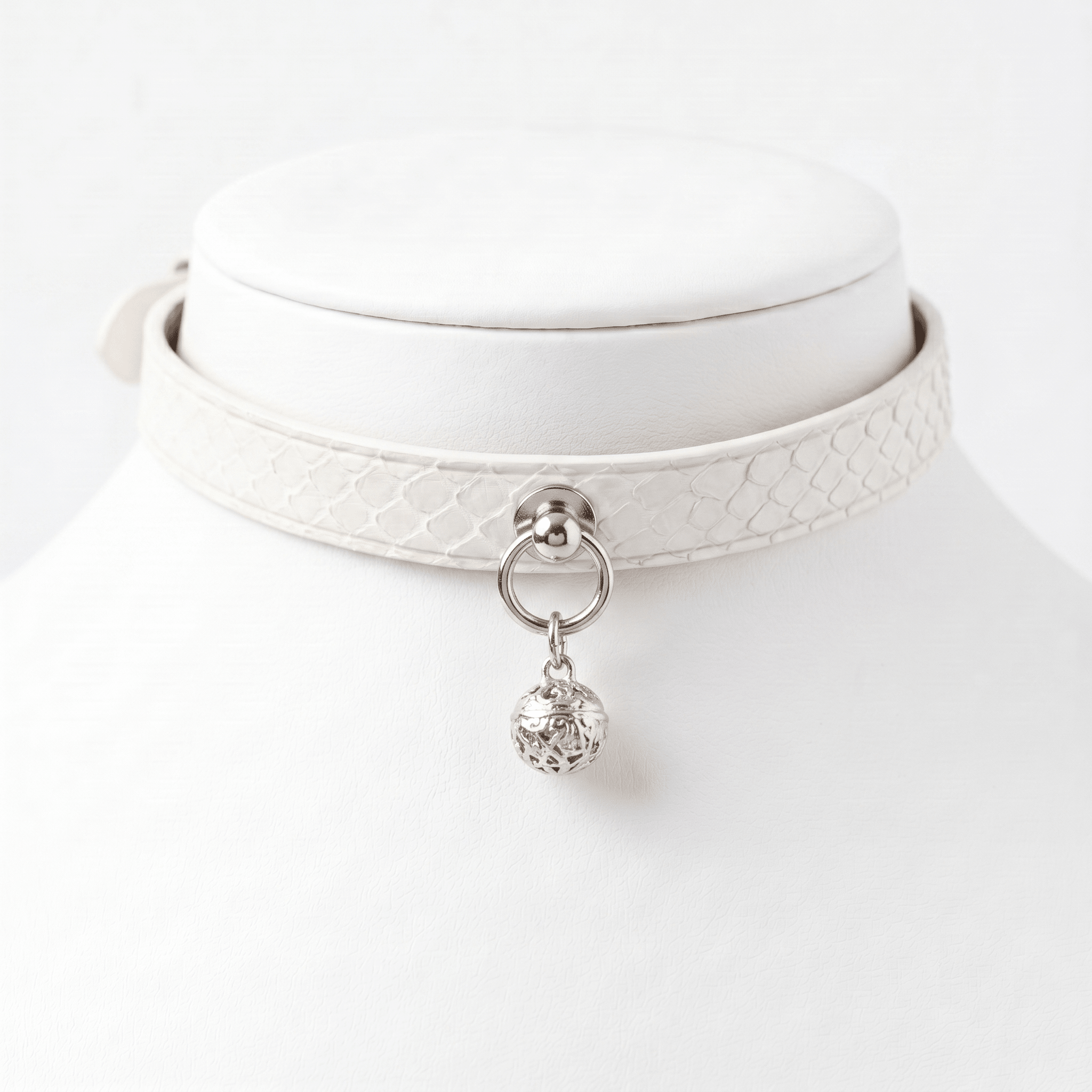 SerpentCraft Choker – White Snake Leather with Bell Charm & Zinc Alloy Hardware | Hushcrafts® - Hushcrafts LLC