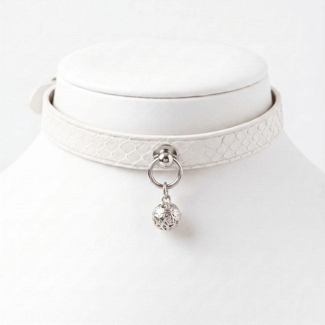 SerpentCraft Choker – White Snake Leather with Bell Charm & Zinc Alloy Hardware | Hushcrafts® Main Image
