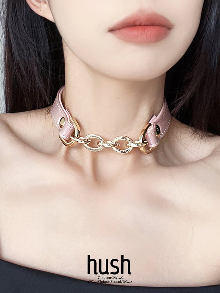 Smother Leather choker collar with chain, vegan leather choker, collar with chain, choker collar, buckle collar with o - ring. - Hush