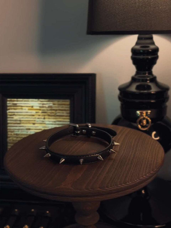 Spiked leather collar with a bold BDSM collar design for women by HushCrafts. Featuring silver spikes and a strong, edgy aesthetic, this collar is perfect for alternative fashion lovers and BDSM enthusiasts looking for unique statement pieces. Hover Image