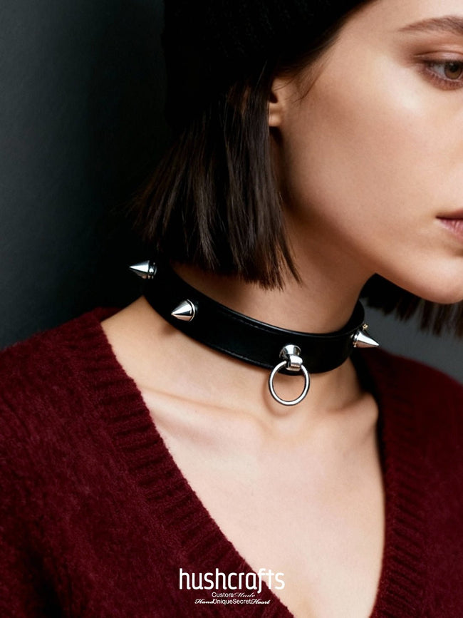 Spiked Leather Day Collar - hushcrafts Hover Image