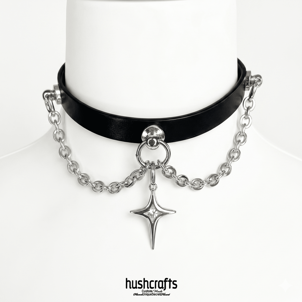 Starlit Chain Choker – Black Leather Choker with Chain & Star Pendant | Hushcrafts® - Hushcrafts LLC