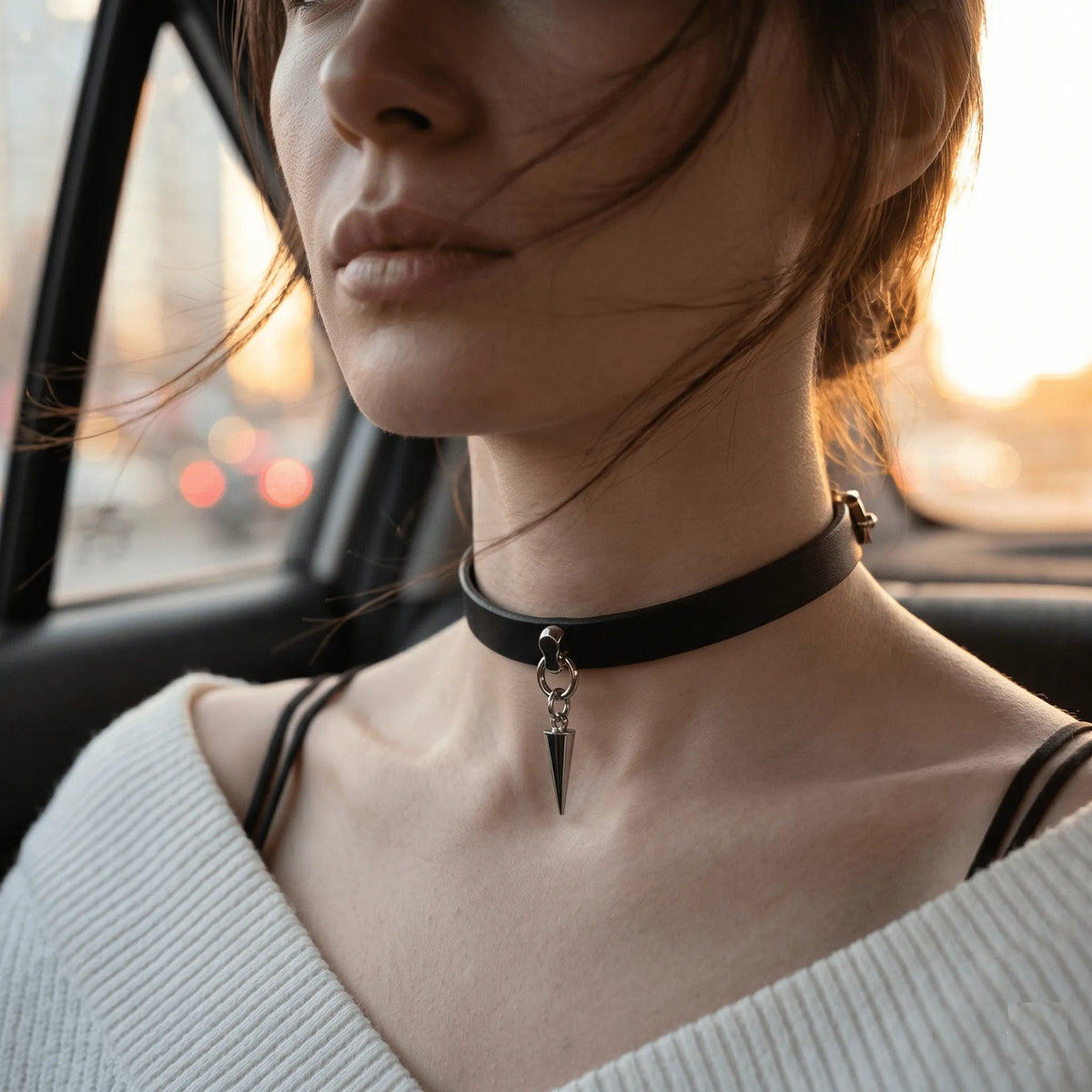 Sustainable Salmon Leather Choker with Spike Pendant – Glacial