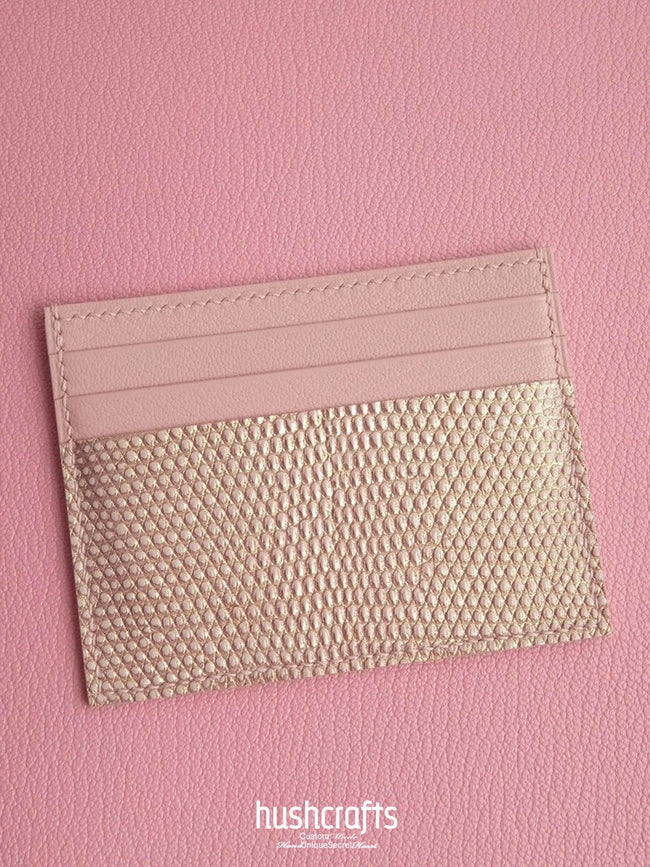 Two - Tone Pink Lizard Leather Card Holder - hushcrafts Hover Image