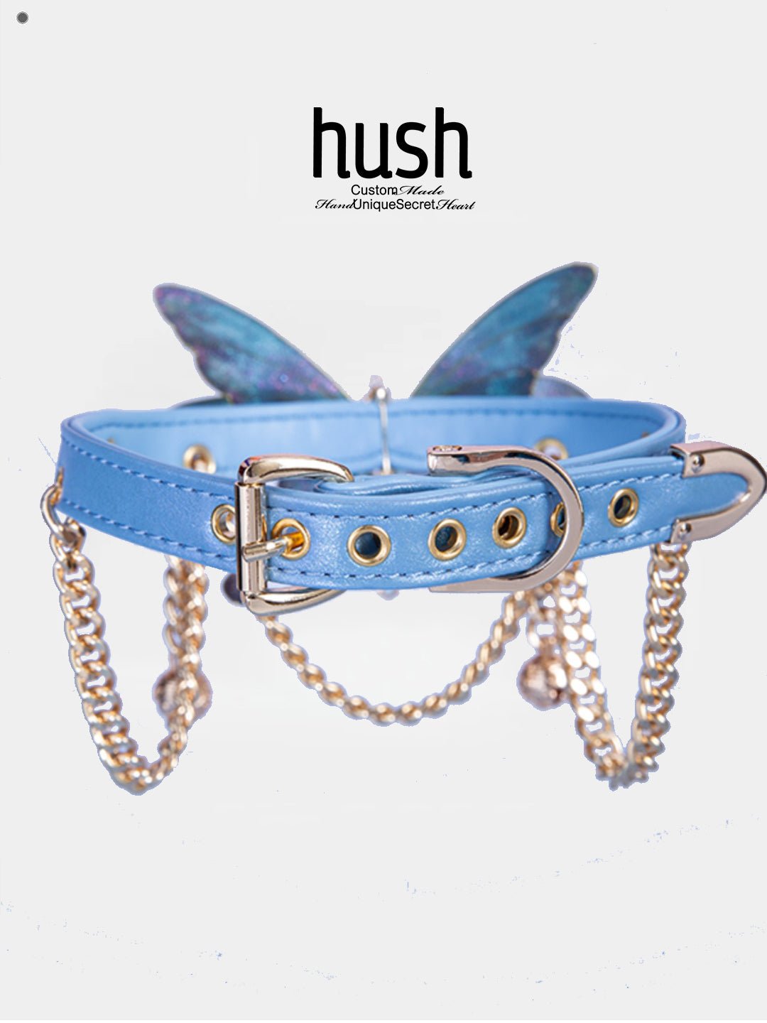 Vegan Leather choker collar with Butterfly, leather choker, collar with chain, choker collar, butterfly collar with chain. - Hush