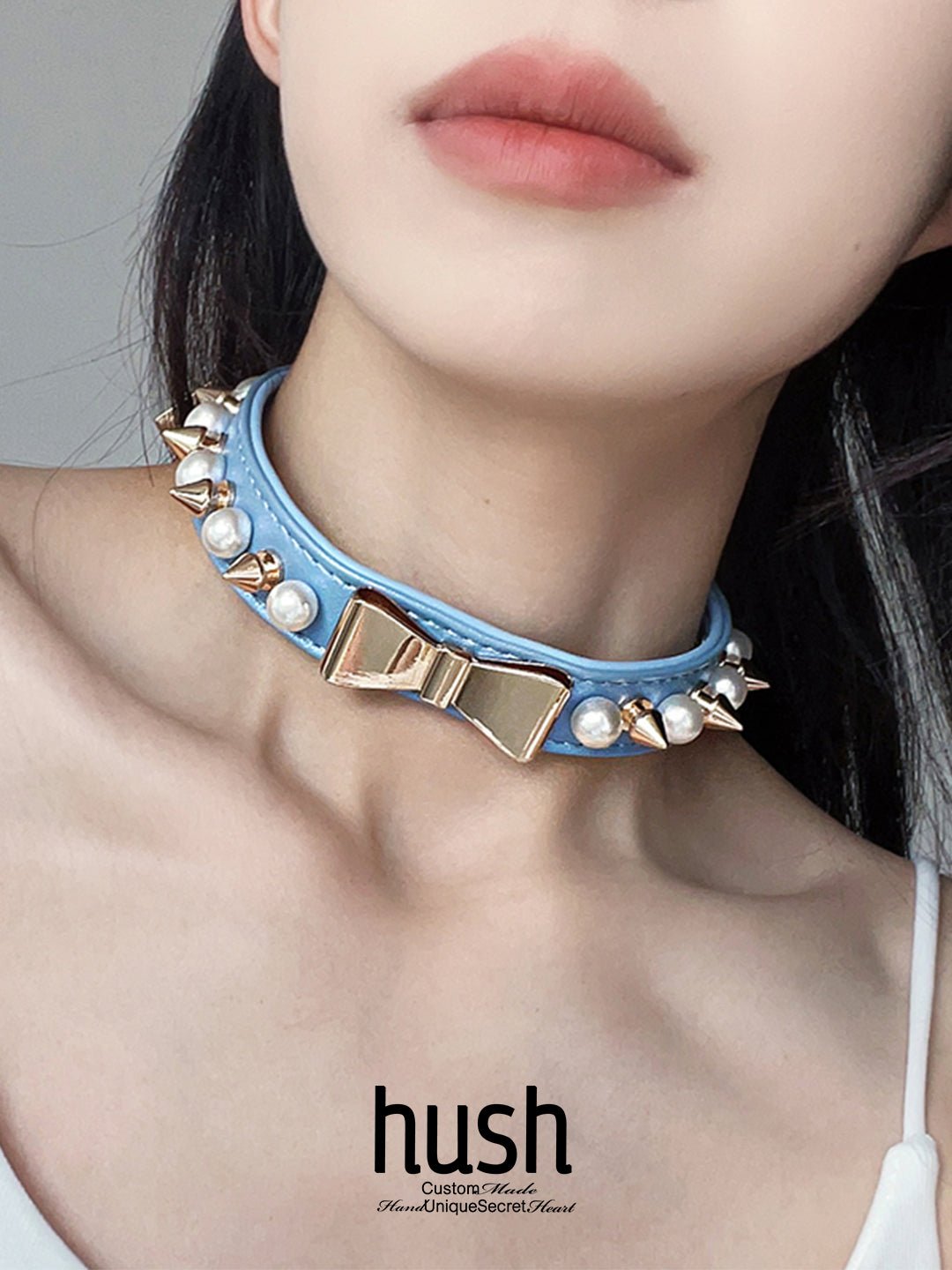 Vegan Leather choker collar with pearl&butterfly, vegan leather choker, collar with rivet, choker collar, butterfly collar with pearl. - Hush