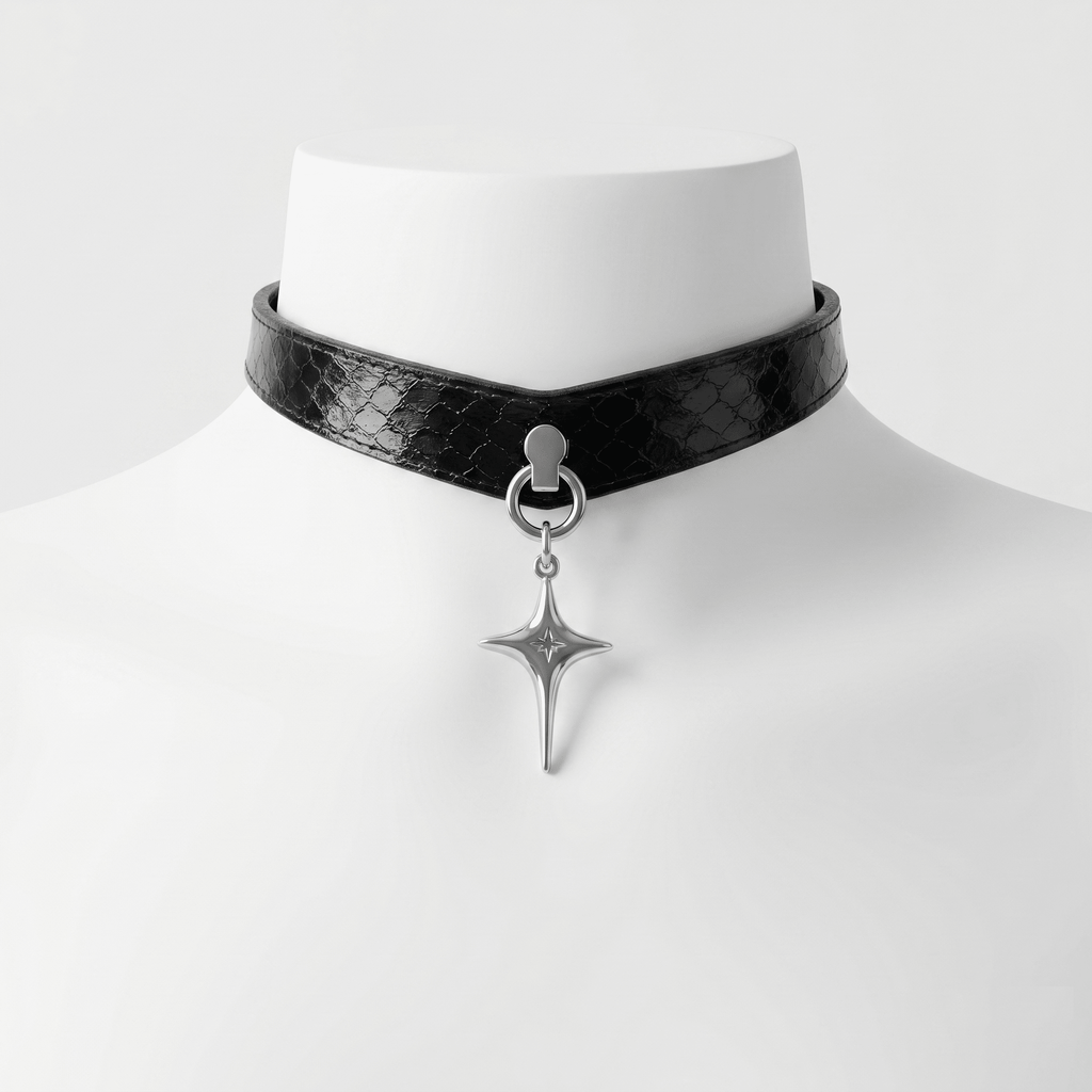 Vesper Choker – Black Python Leather Choker with Star Pendant | Hushcrafts® - Hushcrafts LLC